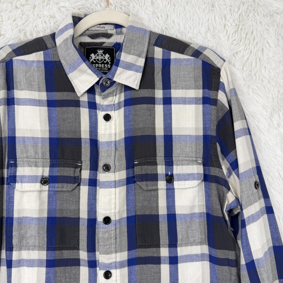 Express Flannel Shirt Mens‎ Medium Fitted Plaid Button Down Long Sleeve Casual - Picture 4 of 8